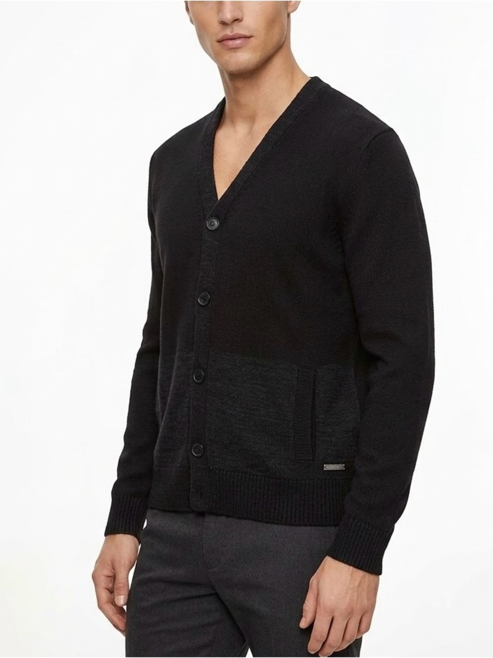 Calvin Klein Italian Yarn Black Merino Wool Blend Button Cardigan Sweater Size M
